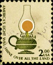 02.11.2020 Divnoe Stavropol Territory Russia Postage Stamp USA 1978 Lamps Kerosene Table Lamp and the inscription americas light
