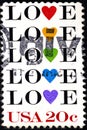 02 08 2020 Divnoe Stavropol Territory Russia the postage stamp USA 1984 Love word love with hearts of different colors