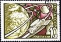 02 08 2020 Divnoe Stavropol Territory Russia postage stamp USSR 1969 Cosmonautics Day Space station Zond-5 in the Lunar orbit