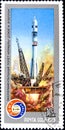 02 08 2020 Divnoe Stavropol Territory Russia postage stamp USSR 1975 Space Flight of Soyuz-19 and Apollo launch rockets with a Royalty Free Stock Photo