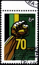 10.24.2019 Divnoe Stavropol Territory Russia postage stamp USSR 1982 The 70th Anniversary of African National Congress raised fist Royalty Free Stock Photo