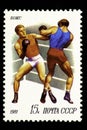 07.24.2019 Divnoe Stavropol Territory Russia - USSR postage stamp 1981. Boxing. two beksers box in a ring on a white background