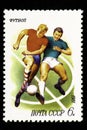 07.24.2019 Divnoe Stavropol Territory Russia - USSR postage stamp 1981. Football. Two soccer players fight for a ball on a green