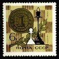 07.24.2019 Divnoe Stavropol Territory Russia - USSR postage stamp 1966. Moscow World Chess Championship White pawn and black queen