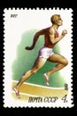 07.24.2019 Divnoe Stavropol Territory Russia - USSR postage stamp 1981. Run. Runner running on a treadmill on a white background