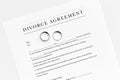 Divorce agreement. Wedding ring on document on white background top view Royalty Free Stock Photo