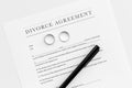 Divorce agreement. Wedding ring on document on white background top view Royalty Free Stock Photo