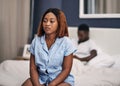 Divorce, black couple and woman on a bed, depression and relationship problems with stress, fighting and ignore Royalty Free Stock Photo