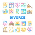 Divorce Couple Canceling Marriage Icons Set Vector