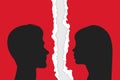 Divorce Couple. People - Man and Woman - Silhouette Closeup on Torn Ripped Paper Background. Quarrel, Scandal