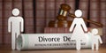 Divorce and custody child concept. Divorce decree, gavel and family silhouette on book background Royalty Free Stock Photo