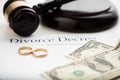 Divorce decree, gavel and wedding rings. Royalty Free Stock Photo