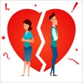 Divorce. Family conflict. Break up relationship. Married couple man and woman angry and sad against broken heart. Cartoon characte Royalty Free Stock Photo