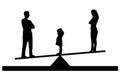 Divorce in the family. Silhouette Vector of a little sad girl crying standing between mom and dad, chooses to stay with dad