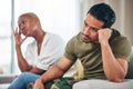 Divorce, fight and couple on a couch, ignore and anger with depression, argument and marriage. Relationship, black woman Royalty Free Stock Photo