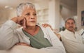 Divorce, fight and senior couple in a living room with depression, angry or argue at home. Marriage, fail or old woman Royalty Free Stock Photo