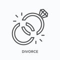 Divorce flat line icon. Vector outline illustration of two broken rings. Black thin linear pictogram for marriage break Royalty Free Stock Photo