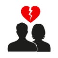 Divorce Heartache Concept. Broken Heart carried by stick man and woman. Isolated on white background
