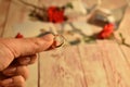 Divorce and separation of couples background. Broken heart. Roses, torn photo and engagement ring Royalty Free Stock Photo