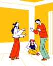 Divorce, Unhappy Marriage, Family Conflict. Man and Woman Characters Swear Ignoring Child Close Ears Sitting on Floor