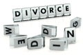 DIVORCE word written on glossy blocks and fallen over blurry blocks with WEDDING letters. Quick wedding, fast divorce - concept.