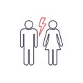 Divorced Couple. Black line icon of Man and Woman with Red Lightning. Break up of Relationship Icon. Man and Woman Royalty Free Stock Photo