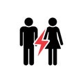 Divorced Couple. Black Silhouette of Man and Woman with Red Lightning. Break up of Relationship Icon. Man and Woman Royalty Free Stock Photo