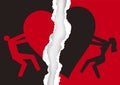 Divorced couple, red and black ripped paper with heart symbol.