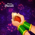 Illustration of lady holding burning Diya on Diwali Holiday background