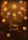 Diwali card with lit lamps or candles, flames and lights. Burning diya. Indian festival background