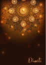 Diwali card with lit lamps or candles, flames and lights.