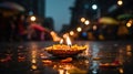 Diwali celebration - Diya oil lamps lit on colorful rangoli, generative ai Royalty Free Stock Photo