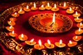 Diwali Celebration Featuring Clay Diya Lamps Aglow with Gentle Flames: Arranged in a Semi-circle on a Festive Display