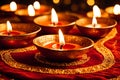 Diwali Celebration Featuring Clay Diya Lamps Aglow with Gentle Flames: Arranged in a Semi-circle on a Festive Display