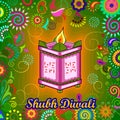 Diwali decorated diya on Tulsi plant stand for light festival of India in Indian art style