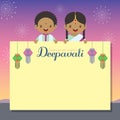 Diwali or Deepavali copy space with cartoon Indian children & kandil lanterns