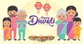 Diwali or deepavali - festival of lights banner templates with cute cartoon Indian family with kandil india lantern & diya