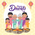 Diwali or deepavali - festival of lights greeting card with cute cartoon Indian family with kandil india lantern & diya