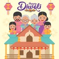 Diwali or deepavali - festival of lights greeting card with cute cartoon Indian family with traditional house in flat vector