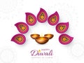 Diwali festival holiday design with paper cut style of Indian Rangoli and diya - oil lamp. Purple color on white Royalty Free Stock Photo