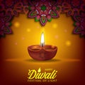 Diwali festival holiday design with paper cut style of Indian Rangoli mandala floral decoration with illuminated oil lamp light Royalty Free Stock Photo