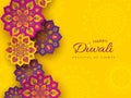 Diwali festival holiday design with paper cut style of Indian Rangoli. Purple color on yellow background, illustration. Royalty Free Stock Photo