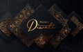 Diwali festival modern luxury design in paper cut style with golden pattern and oil lamp on black textured background. Royalty Free Stock Photo