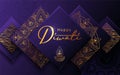 Diwali festival modern luxury design in paper cut style with golden pattern and oil lamp on violet textured background.