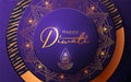 Diwali festival modern luxury design in paper cut style with golden pattern and oil lamp on violet textured background.