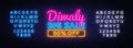 Diwali Festival Offer Big Sale neon text vector design template. Diwali Hindu Sale neon logo, light banner design Royalty Free Stock Photo