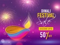 Diwali Festival Sale banner or poster design with 50% discount offer and oil lamp. Royalty Free Stock Photo