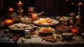 Diwali festive table with fresh fruits and nuts in metal plates