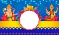 Diwali firecracker shopping with Goddess Lakshmi and Lord Ganesha, lighting garland decorated on blue and yellow background with