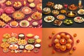 Diwali Food Concept, Happy Diwali Family Food Soft Blurred Background, Traditional Diya Clay Lit Lamp Festival, Banner Style, Royalty Free Stock Photo